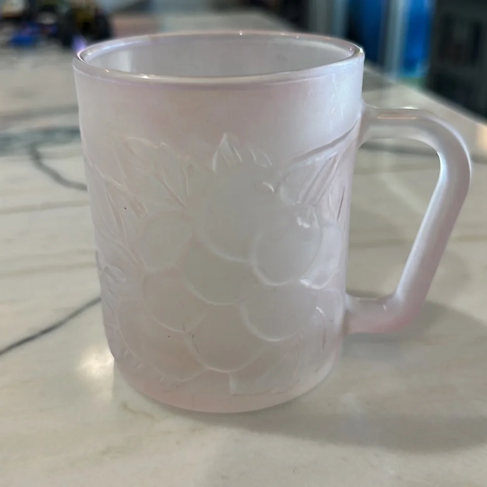 Vintage KIG Indonesia grape impression design frosted light pink glass mug